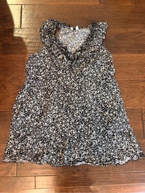 Black & White Floral Ruffle Neck Sleeveless Dress with pockets